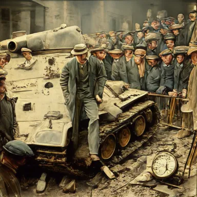 Rusted Relics and Concerned Faces - A depiction of engineers from 1919 wearing three-piece suits and pocket watches, closely inspecting the wreckage of a tank with visible signs of shoddy construction. A mixed crowd of onlookers, wearing flat caps and wool scarves, gather behind police barricades, their expressions varying between anger and grief. Tools like brass calipers, a kerosene lantern, and a Kodak camera on a tripod are seen in the background.