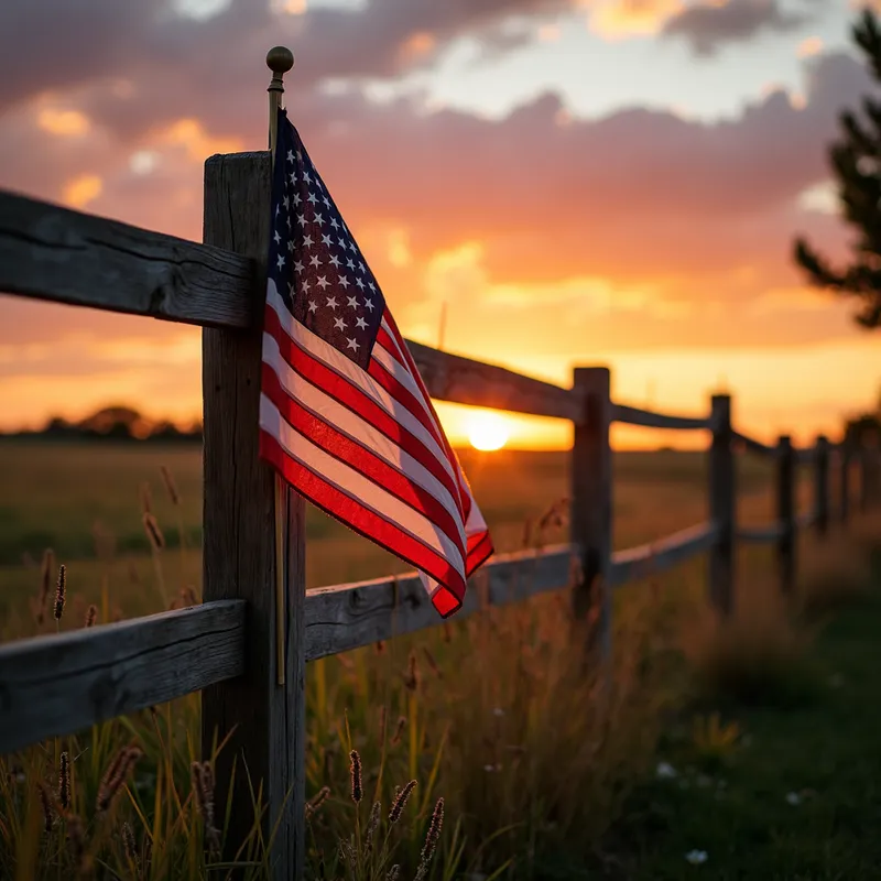 Rustic American Sunset - A rustic wooden fence adorned with an American flag, basking in the beautiful, warm hues of the sunset, creating a peaceful and patriotic countryside scene. - AI image generated with Photorealistic 2