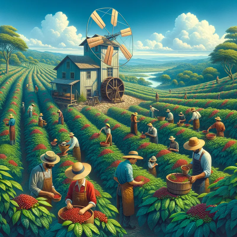 Rustic Coffee Plantation - A picturesque coffee plantation with rows of coffee plants bearing ripe, red cherries. Workers are picking the cherries under the bright blue sky. An old-fashioned coffee mill stands in the background, evoking a sense of tradition and craftsmanship. - AI image generated with Art
