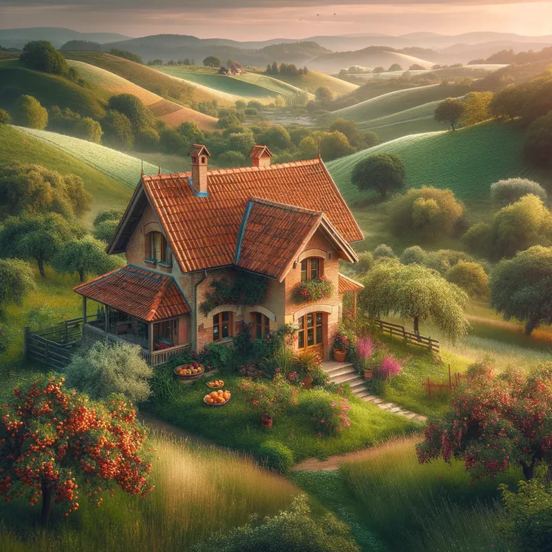 Rustic Farmhouse Sanctuary - A cozy, rustic farmhouse with a charming terracotta roof, nestled in a tranquil, pastoral setting and surrounded by rolling hills and flourishing orchards. - AI image generated with Art