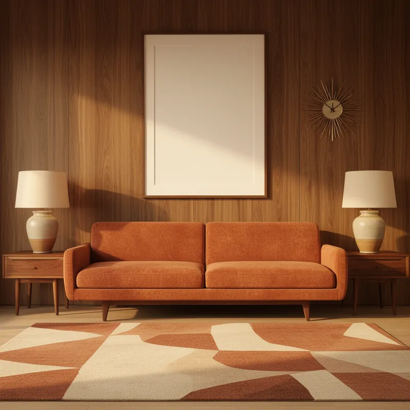 Rustic Orange Sofa Interior Mockup - Straight-on view of a photorealistic mid-century modern living room with a flat wall composition, warm walnut panel wall, low-profile rustic orange sofa centered beneath a large blank matted frame, teak side tables with ceramic lamps on both sides, decorative sunburst wall clock, abstract geometric rug in terracotta and cream tones, soft golden afternoon light, uncluttered elegant setting, highly detailed professional interior photo, 4k - AI image generated with Flux 2