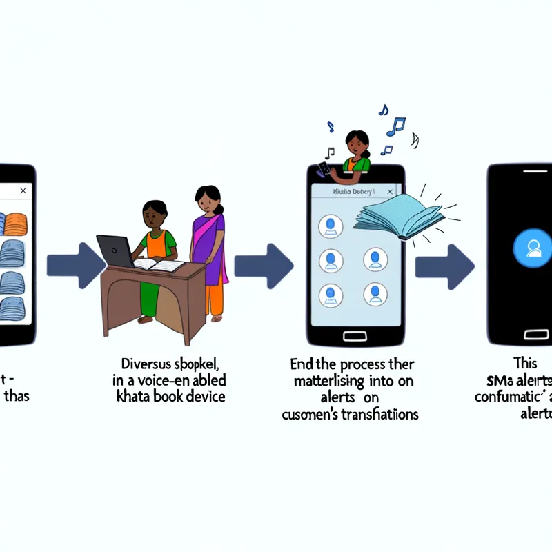 SMS Notification to Customers - An animation-styled image showing the flow from a shopkeeper using the Voice-Enabled Khata Book Device to automatic SMS alerts being sent out to customers’ mobile phones as confirmation of the transactions. - AI image generated with Art