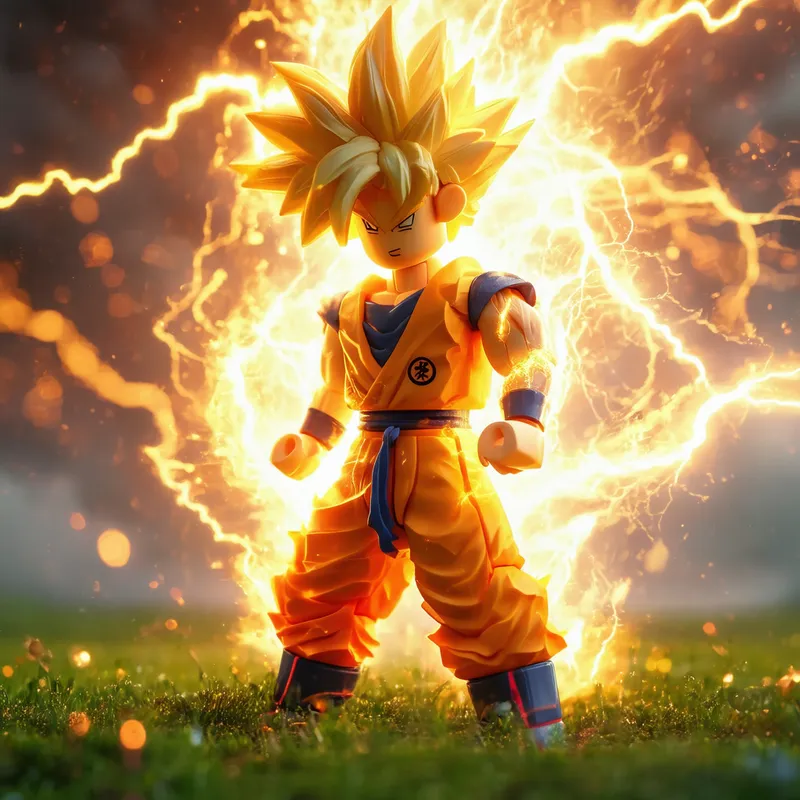 SSJ3 Goku Roblox Style Energy Burst - A Roblox-inspired Goku in Super Saiyan 3 charging up his energy, set against a grassy background, with an intense expression and a surging mix of energy and lightning.