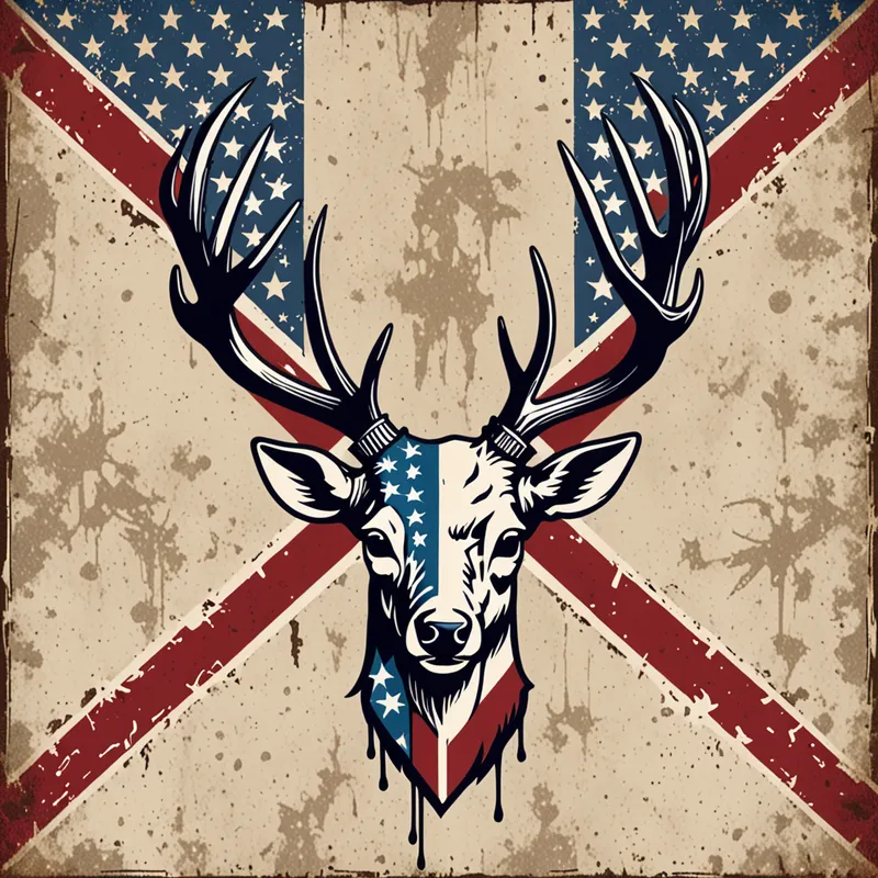 Sacred American Emblem - An emblematic design combining a Christian cross and deer antlers into a unified symbol, styled as a bold American icon. The background features subtle stars-and-stripes motifs, distressed textures, and strong, balanced composition for a striking patriotic aesthetic. - AI image generated with Fictional