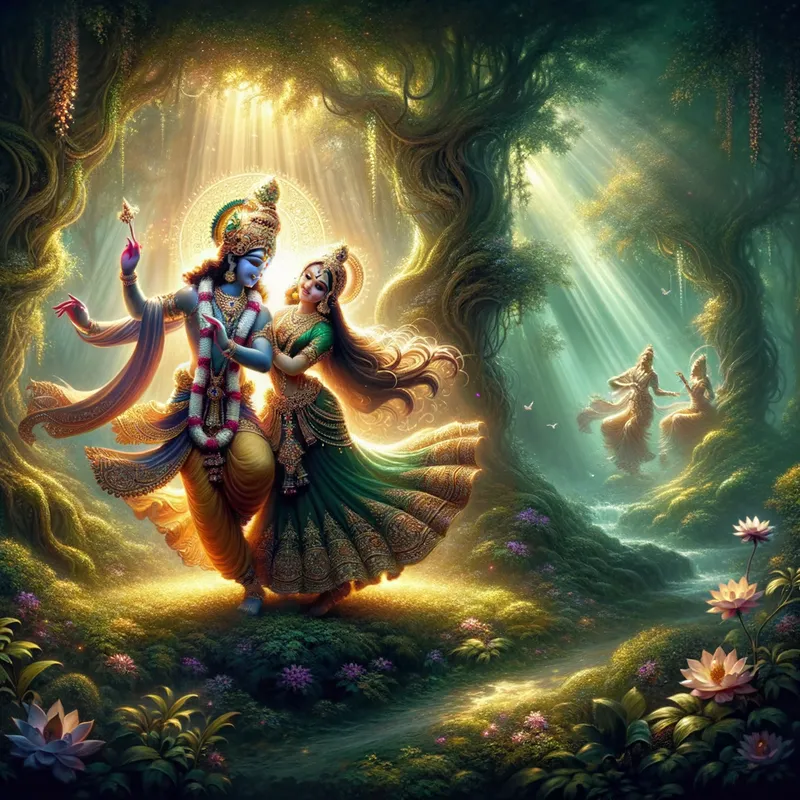 Sacred Forest of Love - A captivating depiction of Radha and Lord Krishna dancing gracefully in a mystical forest illuminated by dappled sunlight and vibrant greenery. - AI image generated with Art