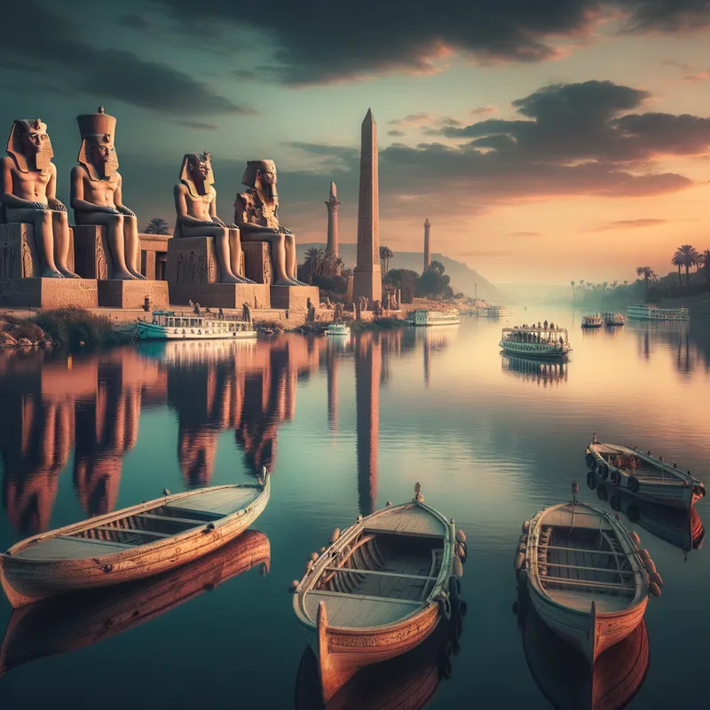 Sacred Nile River - A serene and reflective image of the Nile River at dusk, with ancient Egyptian boats drifting on the water and monumental statues and temples rising from the riverbanks. - AI image generated with Art
