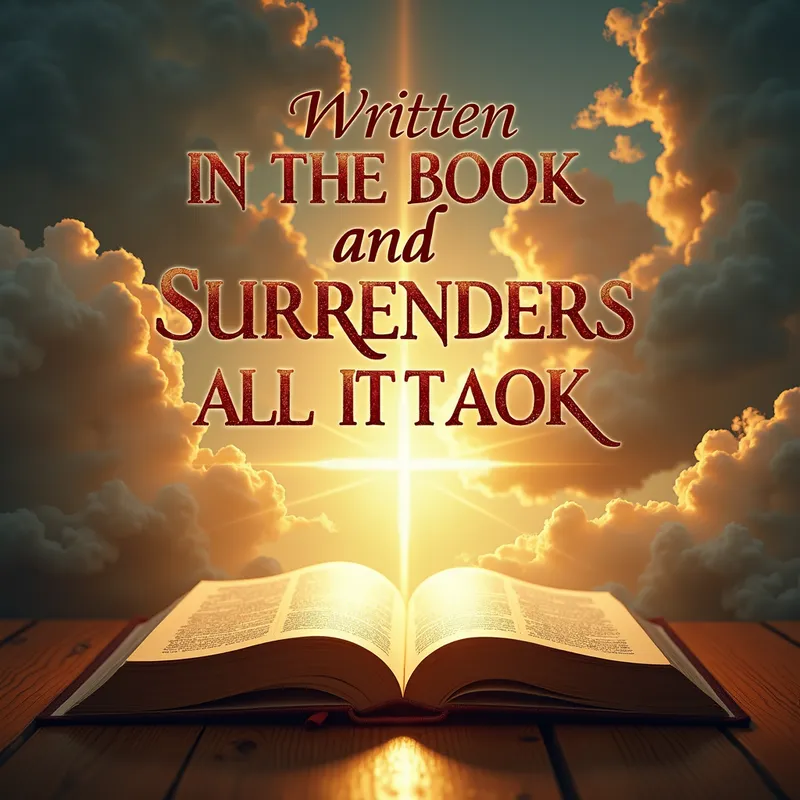 Sacred Script - A spiritually uplifting composition with the phrase 'Written in the book and Surrenders all it took' presented in an elegant, ornate typeface. The scene is enhanced with symbols of divinity, including a glowing book, a brightened cross, and softly floating clouds that represent the holiness of Christianity and Jesus Christ. - AI image generated with Text