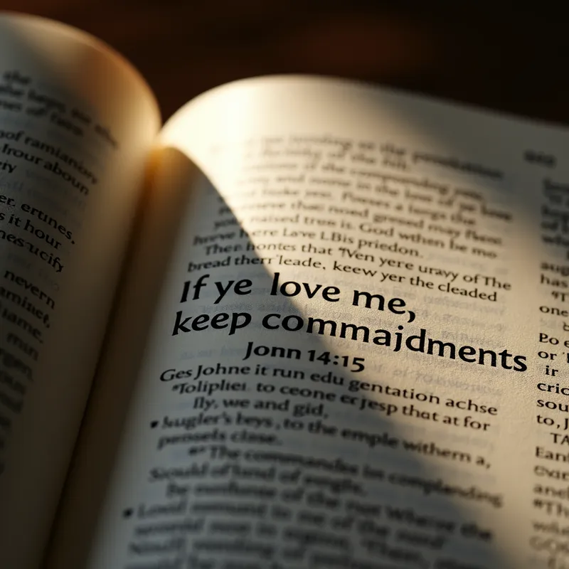 Sacred Words - A close-up of an open book page with the verse John 14:15: If ye love me, keep my commandments, illuminated by a gentle stream of light, symbolizing divine inspiration. - AI image generated with Photorealistic 2