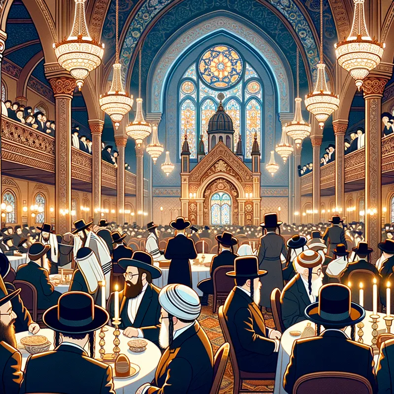 Sacred Yom Kippur Preparations - An animated synagogue environment with people in traditional attire, honoring the sacred rituals and preparing the synagogue for Yom Kippur services. - AI image generated with Art
