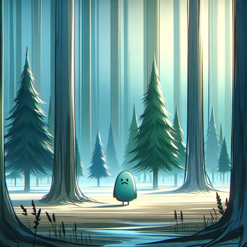 Sad Little Tree - A sad-looking small cartoon tree dwarfed by taller trees around it. The image is painted with soft blue and green colors to create a melancholic and longing atmosphere. - AI image generated with Art