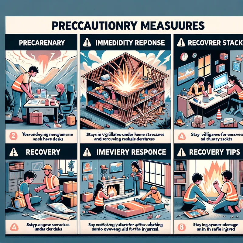 Safe Practices for Earthquakes - A detailed poster organized into 'Precautionary Measures', 'Immediate Response', and 'Recovery Tips'. The 'Precautionary Measures' part includes images of reinforcing home structures and making emergency kits. The 'Immediate Response' part shows hiding under desks and staying sheltered in safe spots. The 'Recovery Tips' segment contains visuals of assessing structural damage, being vigilant about aftershocks, and aiding the injured. - AI image generated with Art - cartoony