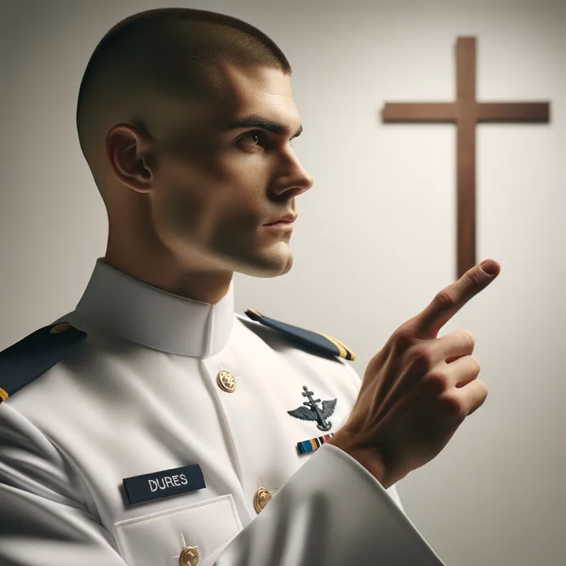 Sailor Pointing to Cross - a guy with a buzz cut while wearing a white navy uniform pointing to a cross - AI image generated with Art - photorealistic