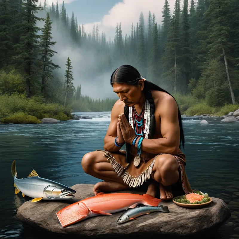 Native Paraying Salmon Prayer Ritual - Tangra AI Image Generator