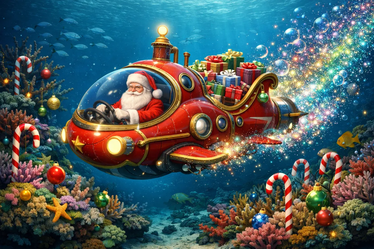 Santa's Submarine Delivery - Santa Claus piloting a whimsical submarine shaped like a sleigh, filled with wrapped presents. Colorful bubbles and trails of glitter follow the sub as it travels through a coral reef decorated with candy canes and Christmas ornaments. - AI image generated with GPT Image