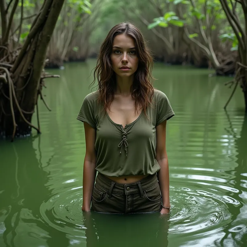 Sarah in the Swamp - A woman named Sarah standing in a green oozing swamp, her expression calm and determined as the murky waters ripple around her feet. - AI image generated with Photorealistic 2