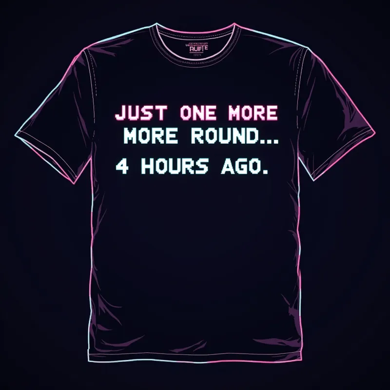 Sarcastic Gamer Glitch Shirt - This T-shirt mockup presents a dark theme with neon glitch typography that reads 'Just one more round… 4 hours ago.' It features pixelated retro styling, ideal for sarcastic gamers. - AI image generated with Flux