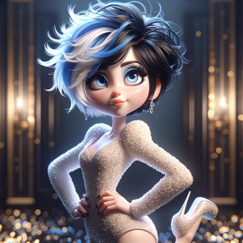 Sassy Surprised Pixie - A light-skinned whimsical woman in a Pixar style, her black and blue messy pixie cut hair standing on end. With light blue eyes and hands on her hips, she wears a confident, sassy smirk and a challenging attitude. Her extravagant clothes and matching high heels add to her charm, with a background of dark and gold shimmering, sparkling airbrush elements, depicted as an airbrushed oilpainting. - AI image generated with Art