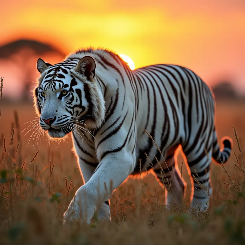 Savannah Stalker - A sleek white saber tooth tiger with striking black stripes, silently stalking through the tall grasses of an ancient savannah during sunset. - AI image generated with Photorealistic 2 - alcohol ink