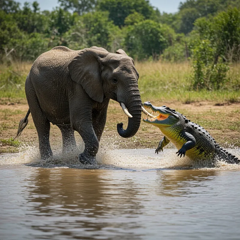 Savannah's Fierce Encounter - Cinematic ultra-high-definition 4K video demonstrating a realistic battle between an elephant and a crocodile in the wild. Captured with Sony Alpha a9 II and Sony FE 200-600mm f/5.6-6.3 G OSS lens, reflecting ultra-realistic and hyper-detailed action in natural light. - AI image generated with HiDream Full