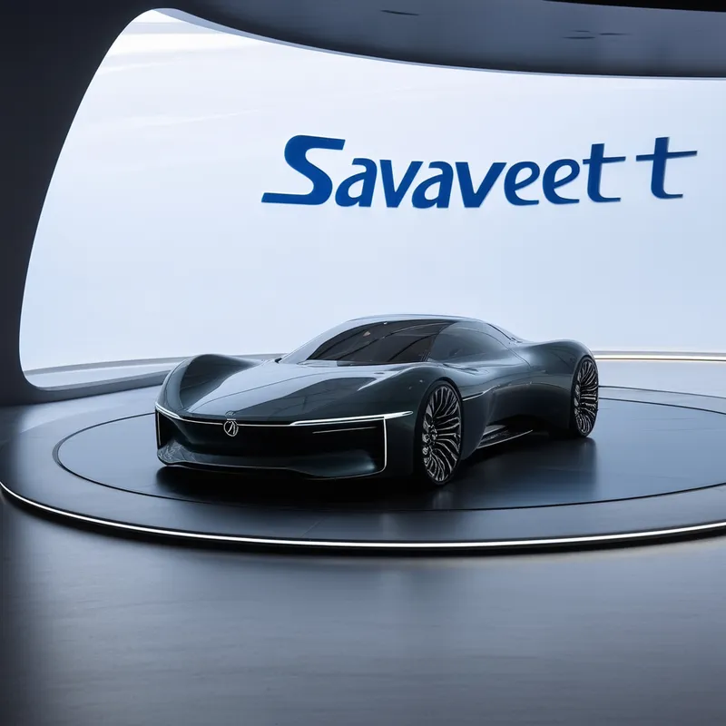 Savaveet Concept Car Launch - An unveiling event for a new Savaveet concept car. The car is positioned on a rotating platform under dramatic lighting, with the Savaveet logo projected in the background, highlighting its advanced and visionary design.