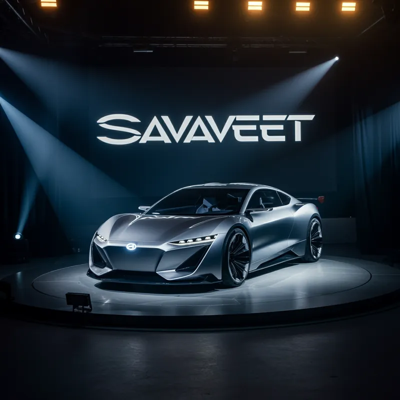 Savaveet Concept Car Launch - An unveiling event for a new Savaveet concept car. The car is positioned on a rotating platform under dramatic lighting, with the Savaveet logo projected in the background, highlighting its advanced and visionary design. - AI image generated with Imagen 3