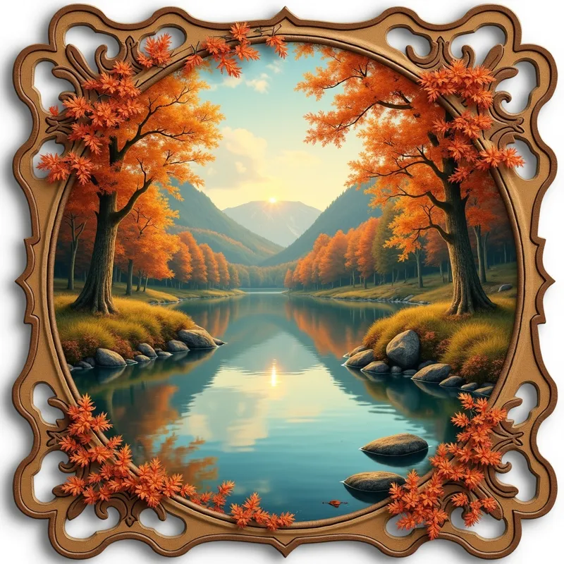 Scalloped Edges Autumn Scene - A picturesque autumn lake scene surrounded by brilliant fall foliage, set on a vintage Victorian-style greeting card. The card features elegant scalloped edges and intricate decorative holes, with soft lighting and a romantic ambiance. - AI image generated with Photorealistic 2