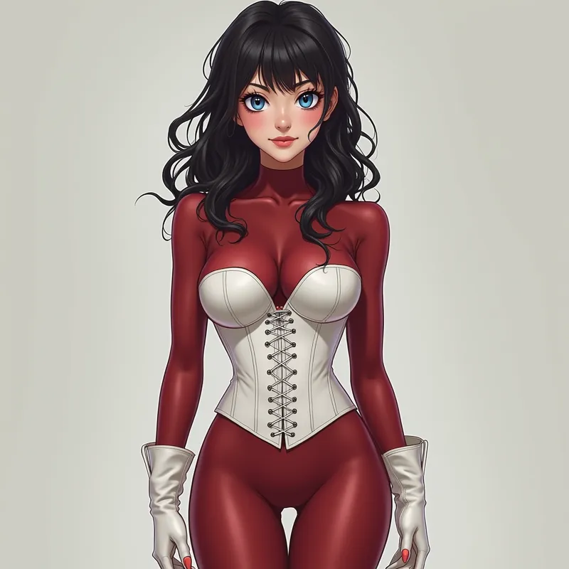 Scarlet Allure - A 30-year-old Japanese female with a fit, athletic physique and waist-length, thick hair featuring loose curls and softly framing bangs. Her glowing blue eyes add intensity to her expression. She's wearing a form-fitting blood-red bodystocking, a white corset tightly cinched at the waist, and white leather boots with stiletto heels, all complemented by a flirty, enchanting smile. - AI image generated with Photorealistic 2