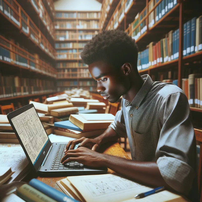 Scholarly Study at Mzumbe - Illustrate a young person from Tanzania sturdying in the library with his DELL computer at Mzumbe University - AI image generated with Art - technical drawing 