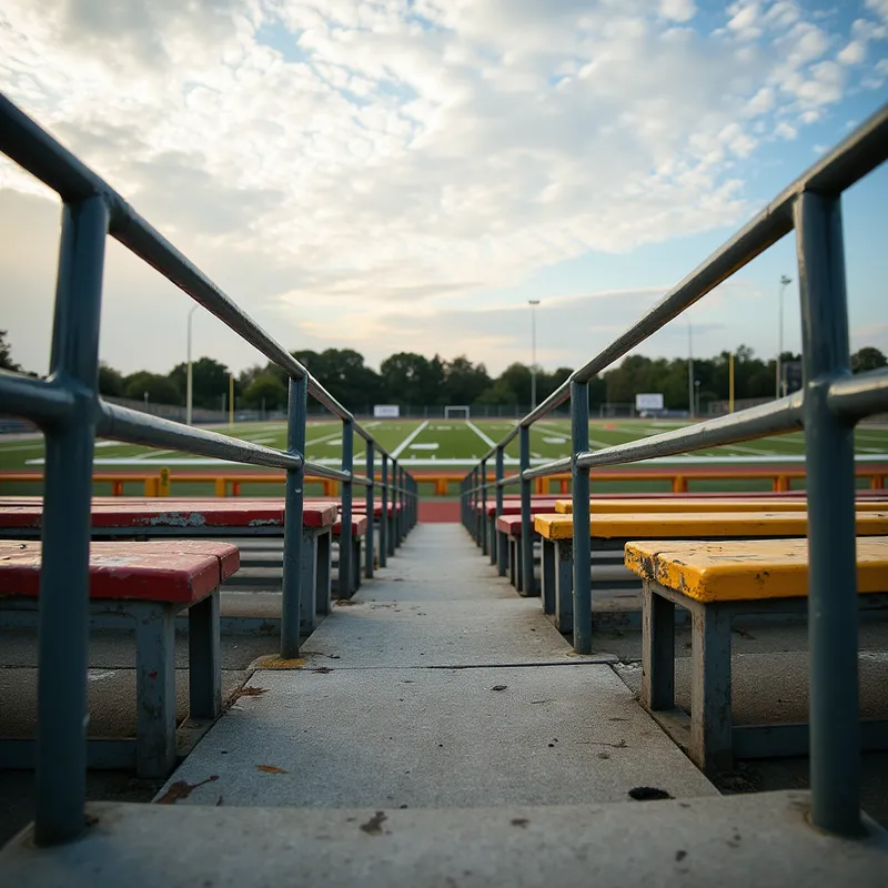 School Pride on the Bleachers - Bleachers at a high school field in the afternoon, with metal benches and railings painted in vibrant school colors. The concrete steps show signs of wear, overlooking a football field with faint goalposts in the distance and softly clouded sky above. The frame emphasizes horizontal openness and is captured from a slight height. - AI image generated with Photorealistic 2
