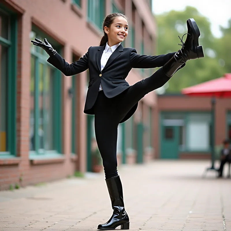 Schoolgirl High Kick Elegance - A beautiful and graceful schoolgirl in a stylish school uniform, wearing tight, shiny black leather gloves and fitted pants, paired with sleek, glossy black leather riding boots. She confidently performs a high side kick, showing impressive flexibility with her heel facing outward, in a vibrant playground courtyard. - AI image generated with Photorealistic 2