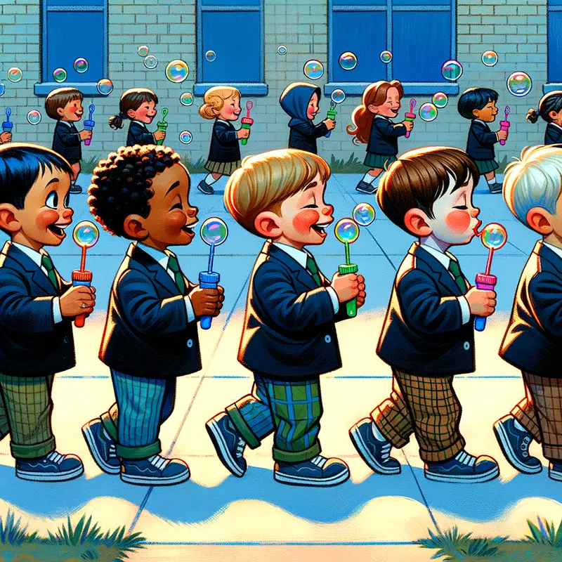 Schoolyard Bubbles - david wiesner inspired diverse, happy 5 year old boys and girls walking outside in school in line facing forward, with hands behind their back, holding a bubble in their mouths - AI image generated with Art - gouache technique, cartoony, Van Gogh