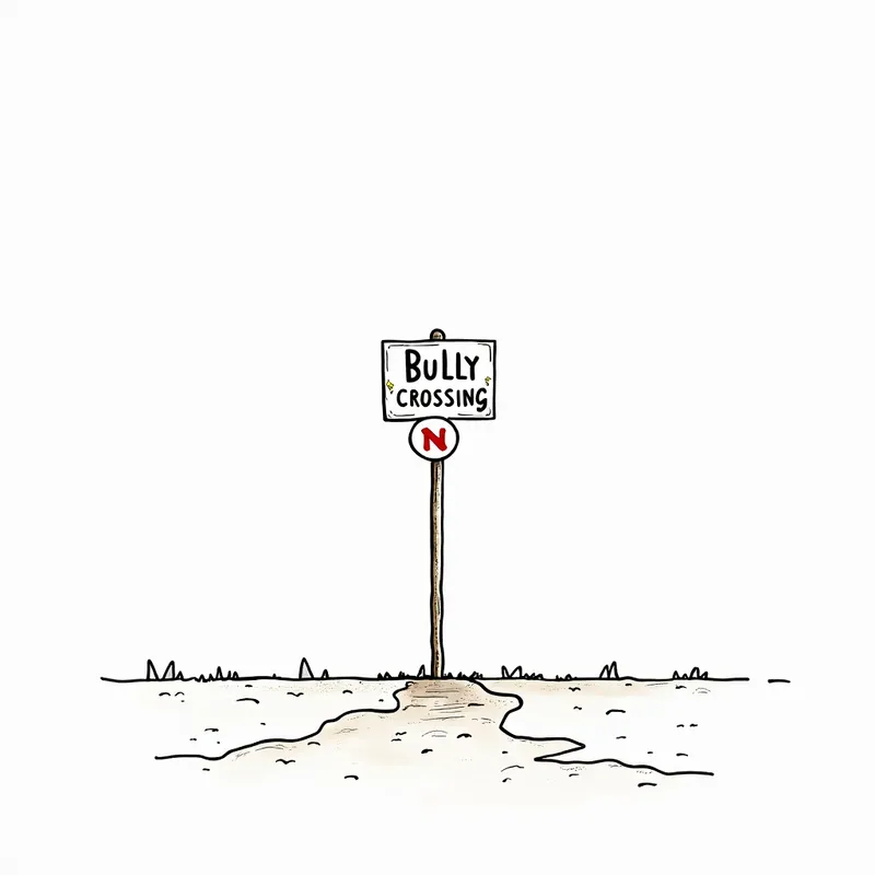 Schoolyard No Bully Crossing - A clean white background with a hand-drawn earthen line on the ground. In the middle of the line, there's a playful, cartoonish sign that says 'NO BULLY CROSSING,' decorated with small warning symbols. - AI image generated with Photorealistic 2 - minimalist line art