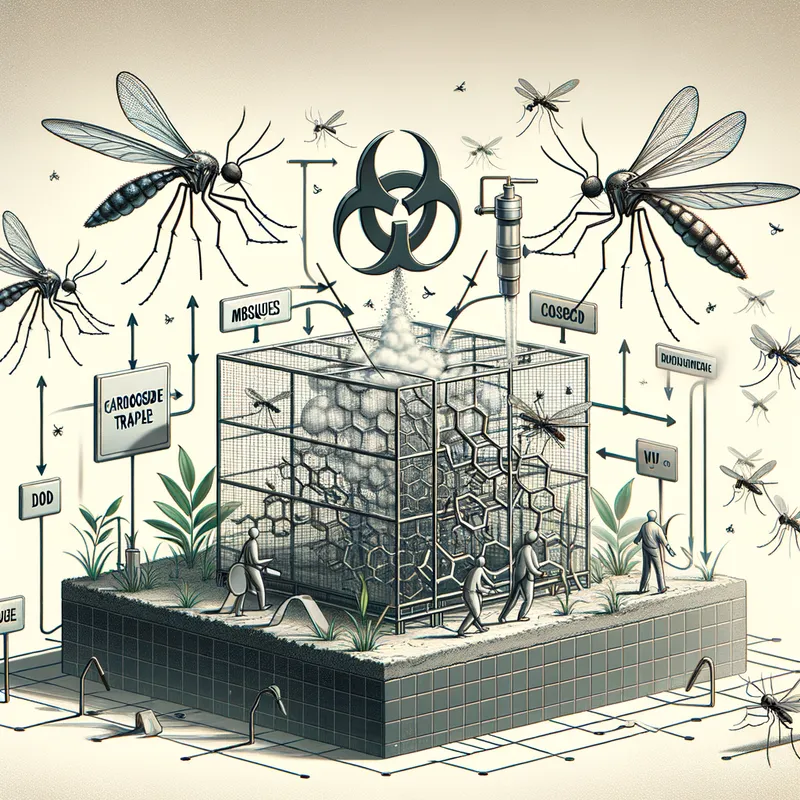 Scientific Graphical Abstract - A detailed graphical abstract of mosquitos being attracted to a CO2 trap. The image should include arrows and labels highlighting the key processes. The overall style should be modern, minimalistic, and high-contrast. - AI image generated with Art
