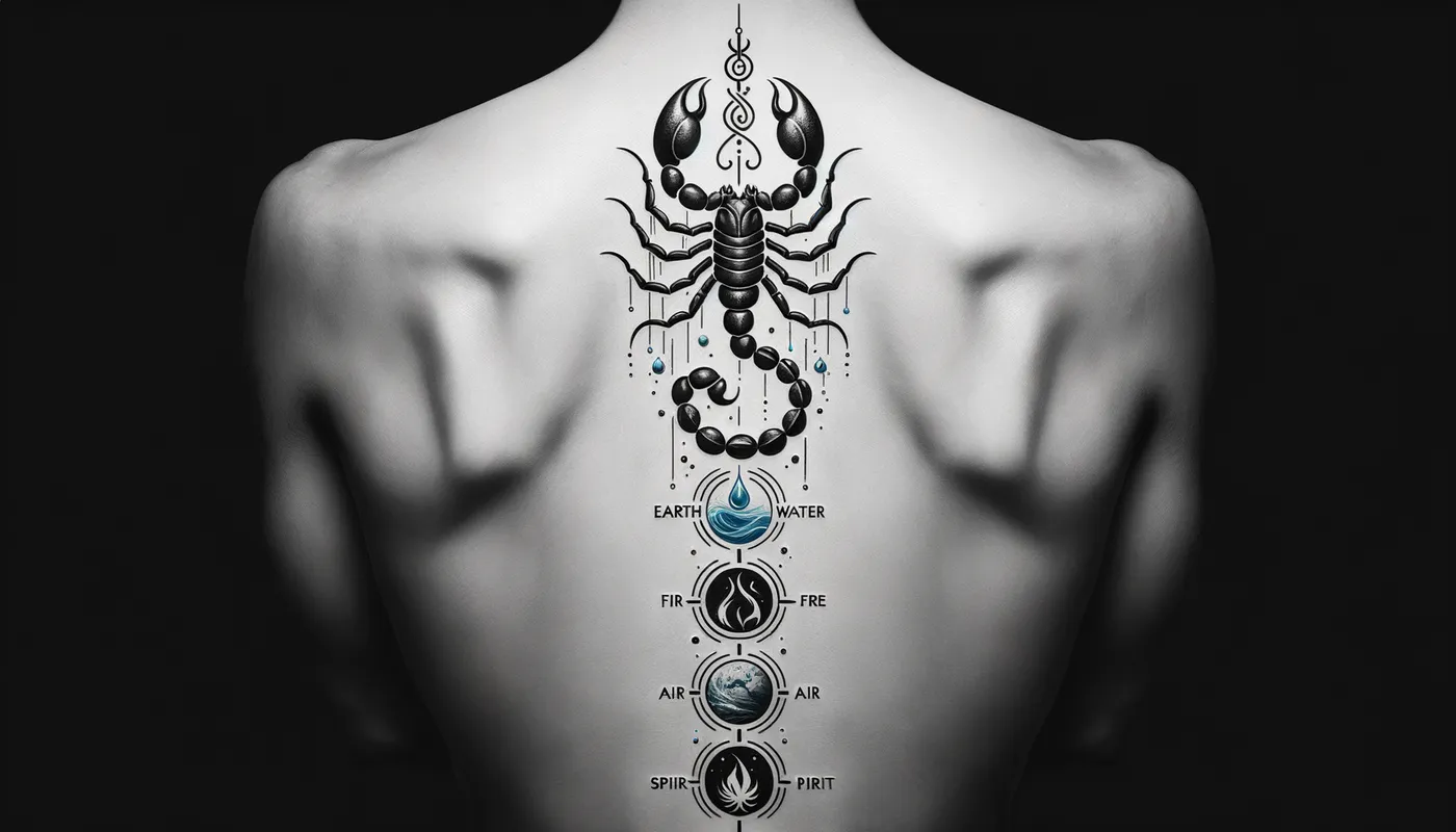 Scorpio's Elemental Ascent - A powerful and symbolic spine tattoo design that features the scorpion symbol alongside the five elemental icons, creating a harmonious and visually striking vertical composition. - AI image generated with Art