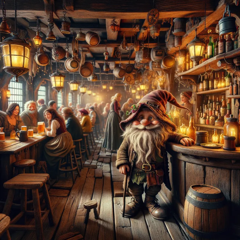 Scrappy Gnome Innkeeper - A shabby gnome with a frayed hat, managing a quaint and messy tavern, full of personality with flickering lanterns and patrons seated at wooden tables. - AI image generated with Art
