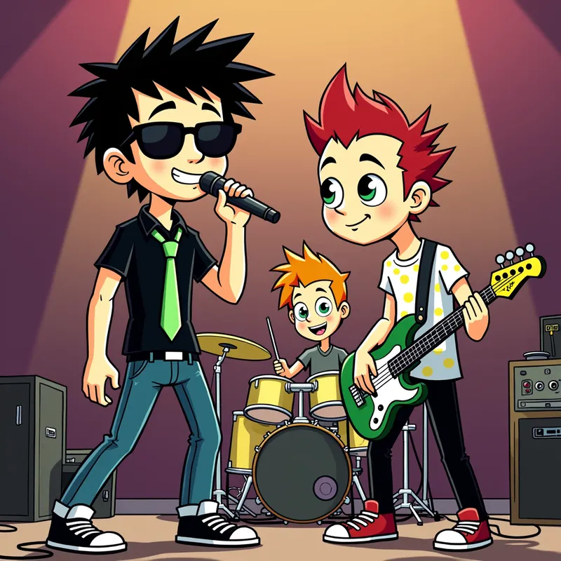Scream Day: Punk Rockers from Vegas - Cartoon Pop Punk Cartoon Pop Punk Band Text: "Scream Day from Las Vegas" On Stage Playing a concert, is Scream Day,a 3 Piece Punk Rock Band, Lead by Vocal Stylist Jimmie Joe Armstrong 23 years old, short length Messy black hair , Black Shirt Green Tie, converse shoes, polka dot skinny jeans, Sun Glasses, Bassist Dirty Mick , 6'2 skinny Sandy blonde spiky hair black pants black and white stars on shirt, Drummer Cole Burner short red mohawk, black dickies shorts T-shirt with marker writing on it. Text: "Debut Album "Dysfunctional" 15 instant classics" - AI image generated with Photorealistic 2