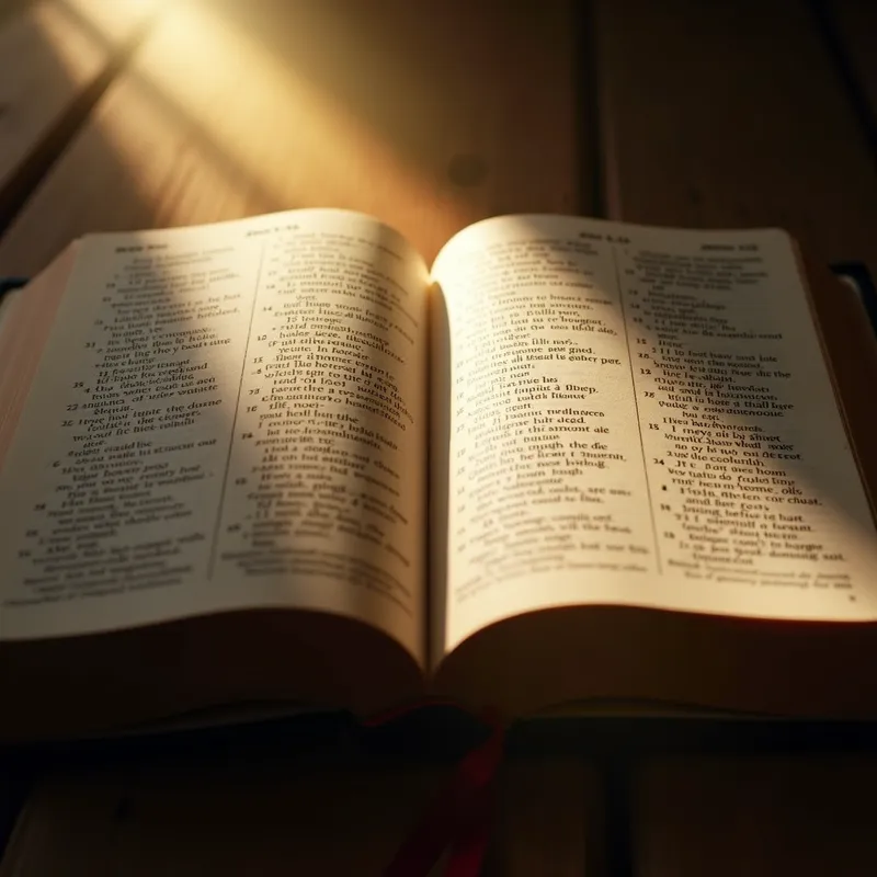 Scripture in Light - An open Bible displaying John 14:15, with a bright stream of light cascading onto the page, creating a serene and holy atmosphere. The beam highlights the verse, making it the focal point of the image. - AI image generated with Photorealistic 2