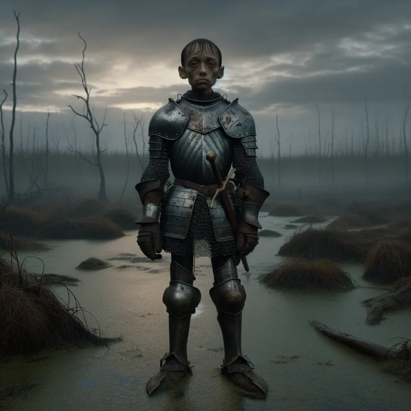 Scuffed Knight in Mire - Skinny short knight with scuffed up armor in a mire - AI image generated with Art
