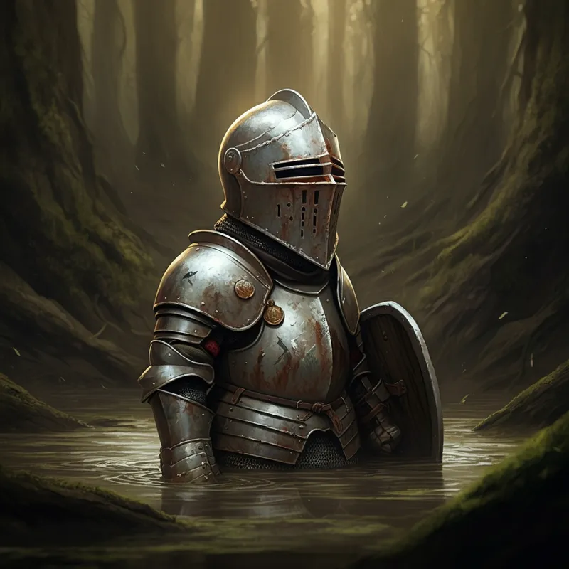 Scuffed Knight in Mire - Skinny short knight with scuffed up armor in a mire - AI image generated with Imagen 3