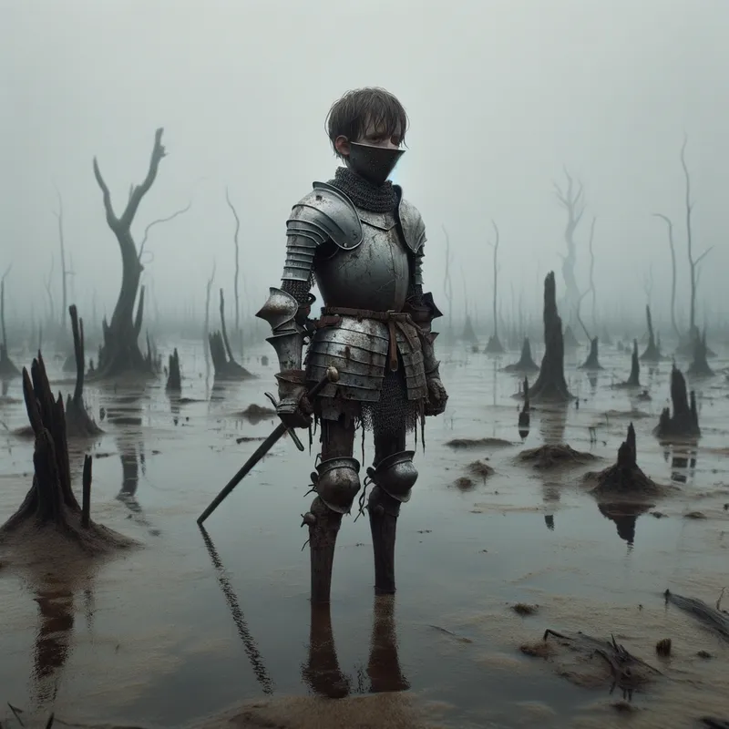 Scuffed Knight in the Mire - Skinny short knight with scuffed up armor in a mire

 - AI image generated with Art