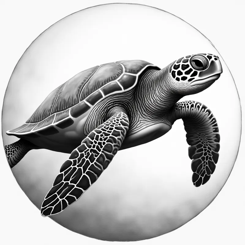Sea Turtle Pencil Art - grayscale realistic round pencil drawing of a sea turtle in the ocean - AI image generated with Photorealistic 2