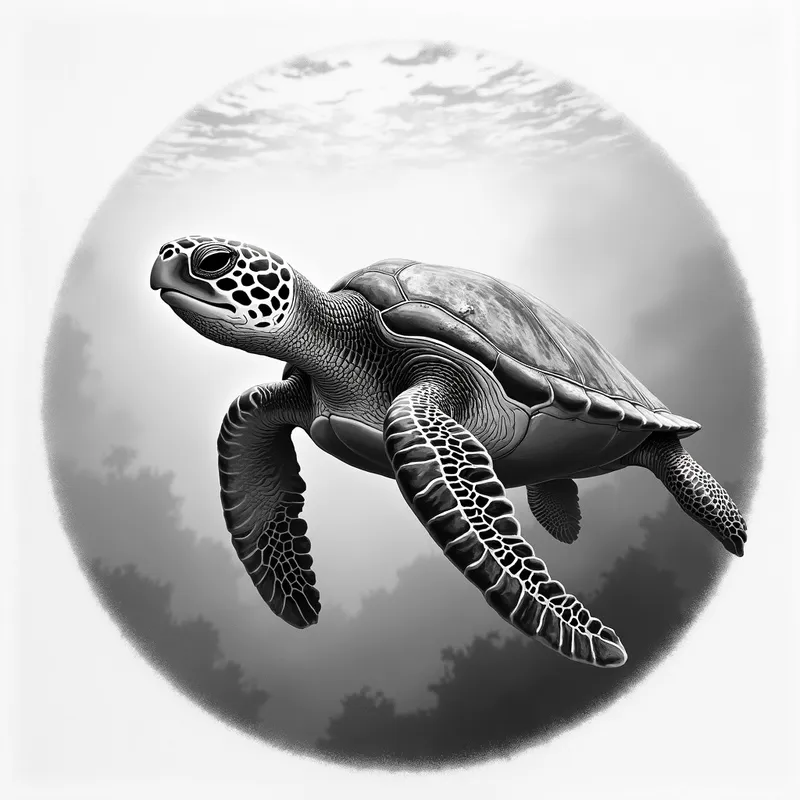 Sea Turtle Pencil Art - grayscale realistic round pencil drawing of a sea turtle in the ocean - AI image generated with Photorealistic 2