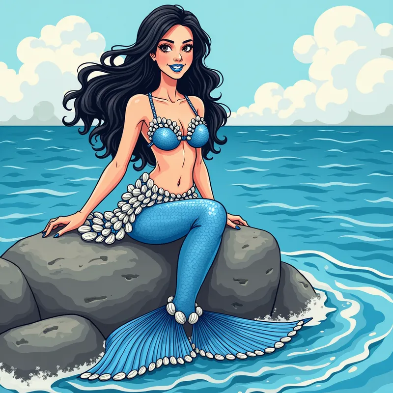 Seaside Ballerina Fantasy - An enchanting illustration of a ballerina mermaid in a bra made from sea clamshells and blue leather pants styled to resemble a fishtail. Her blue ballet pointe shoes are adorned with clamshell ribbons. She has stunning black hair and blue lipstick, and she is smiling beautifully while sitting on a rock by the ocean. - AI image generated with Photorealistic 2 - alcohol ink, cartoony, colorful