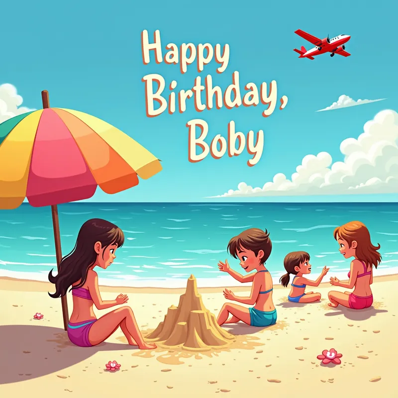 Seaside Birthday Fun - A delightful scene of girls in various bathing suits having fun at the beach. They are building sandcastles, splashing in the waves, and soaking up the sun. A colorful beach umbrella provides shade on one side. The text 'Happy Birthday, Boby' is written in the sky using a plane's skywriting. - AI image generated with Photorealistic 2 - photorealistic