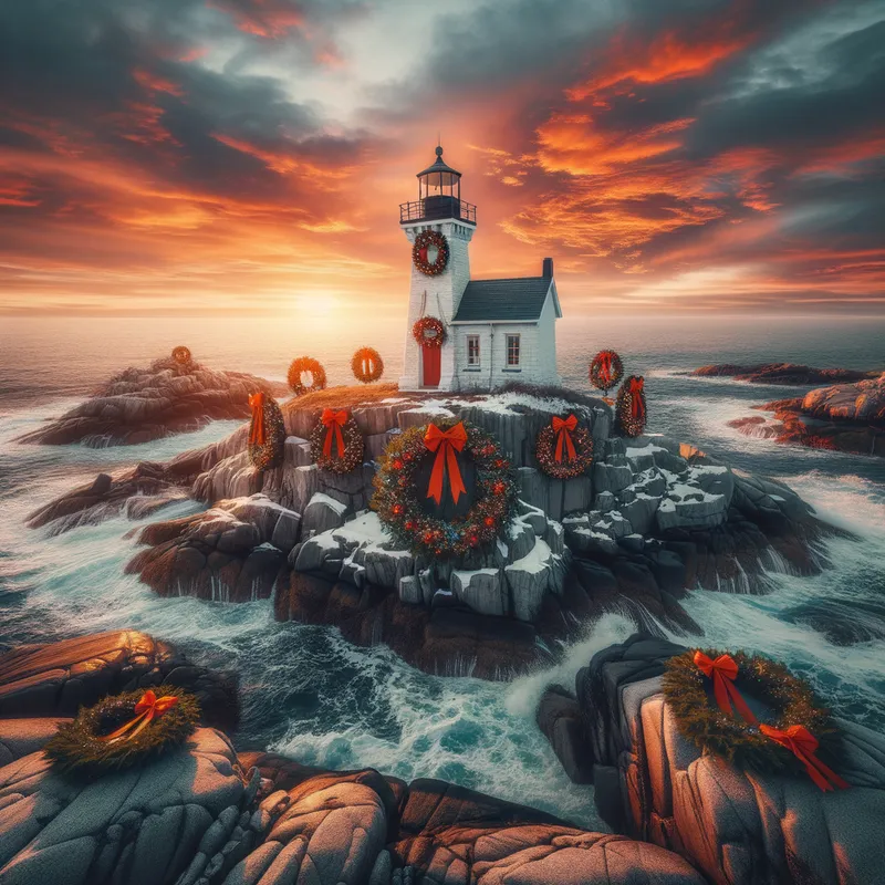 Seaside Christmas - A picturesque lighthouse on a rocky shore, decorated with wreaths and ribbons, with ocean waves crashing and a sunset casting a warm glow over a winter scene. - AI image generated with Art