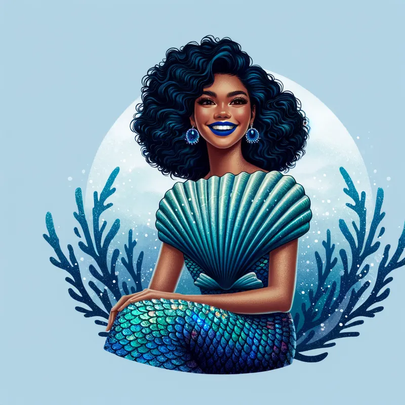 Seaside Enchantment - A mesmerizing woman as a mermaid with sea clamshell bra, radiant blue fishtail, black luxurious hair, and blue lipstick. She lounges on her belly on a seaside rock, smiling enchantingly. Digital art illustration. - AI image generated with Art