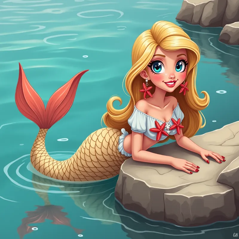Seaside Serenity - In a beautiful photograph, a mesmerizing blonde mermaid lies belly down on a timeworn rock by the calm, clear blue ocean. She dons a white blouse decorated with vibrant red clam ornaments and red sea star earrings. Her elegant fishtail, made of beige leather and scales, completes her ethereal look. Her smile suggests she is hiding a charming royal secret. - AI image generated with Photorealistic 2 - cartoony, colorful