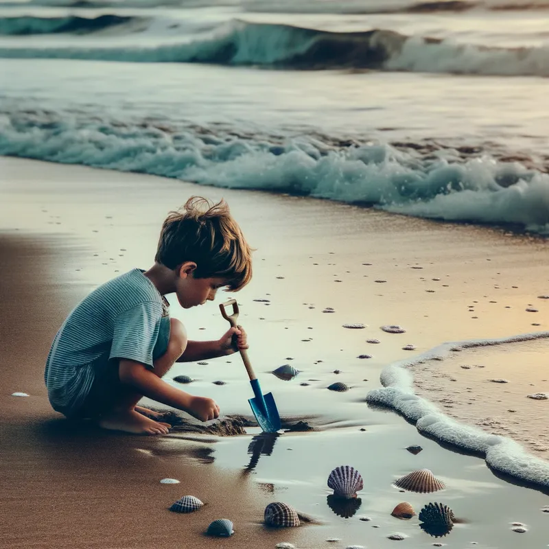 Seaside Treasure - A young boy squatting down at the edge of the beach, digging through the wet sand with a small shovel, searching for hidden seashells as waves gently lap at the shore. - AI image generated with Art