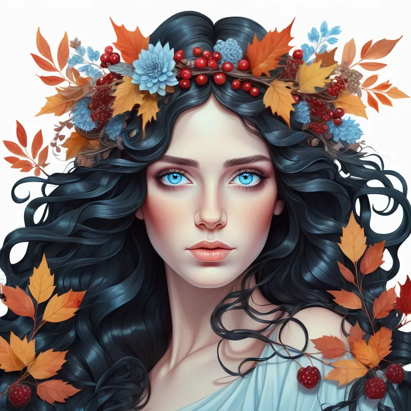 Seasonal Floral Portrait - An artsy, ultra-detailed woman’s portrait with long, wavy black hair, icy blue eyes, and a decorative crown of autumn flowers and berries intertwined in her hair. Vibrant tones, polished illustration style, isolated on a white background. - AI image generated with Photorealistic