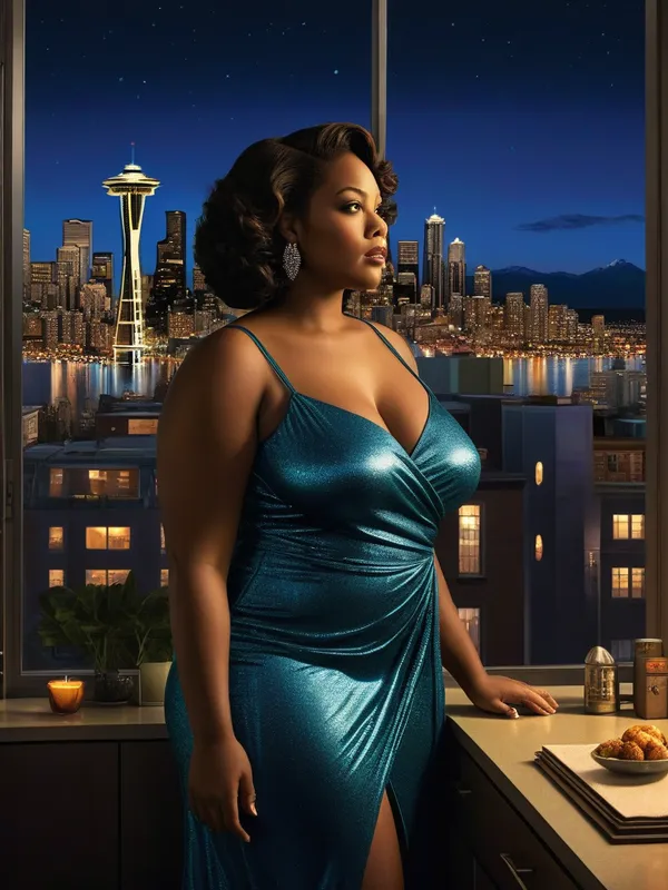 Seattle Serenity - A beautifully detailed, full-color movie poster. Featuring a plus-size African American woman in her early 30s, the image shows her standing in a modern apartment at night, looking out at the glowing Seattle skyline. The scene merges everyday beauty with surrealistic charm. - AI image generated with Fictional - photorealistic